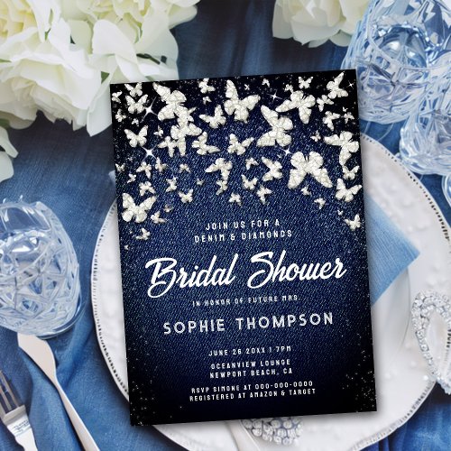 Denim Diamonds Butterflies Script Bridal Shower Invitation