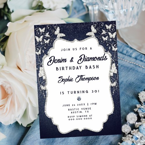 Denim Diamonds Butterfly Frame 30th Birthday Party Invitation