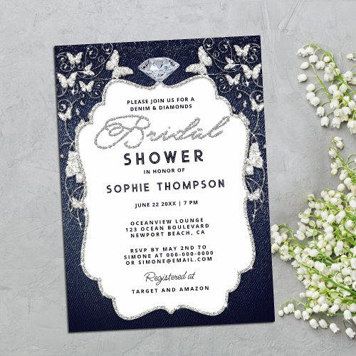 Denim Diamonds Butterfly Frame Bling Bridal Shower Invitation