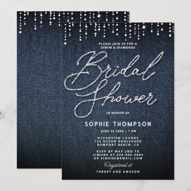 Denim Diamonds Calligraphy Elegant Bridal Shower Invitation (Front/Back)