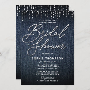 Denim Diamonds Calligraphy Elegant Bridal Shower Invitation