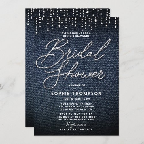 Denim Diamonds Calligraphy Elegant Bridal Shower Invitation