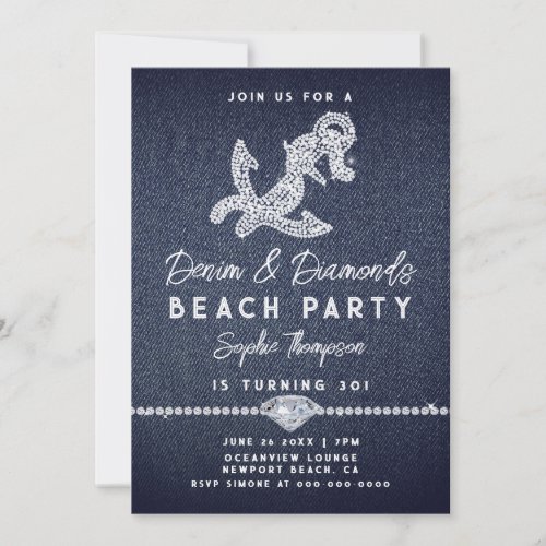 Denim Diamonds Coastal Anchor Beach Birthday Party Invitation