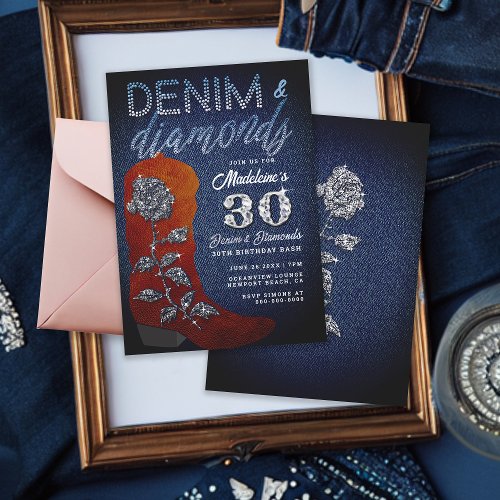 Denim Diamonds Cowgirl Bling Rose Birthday Party Invitation