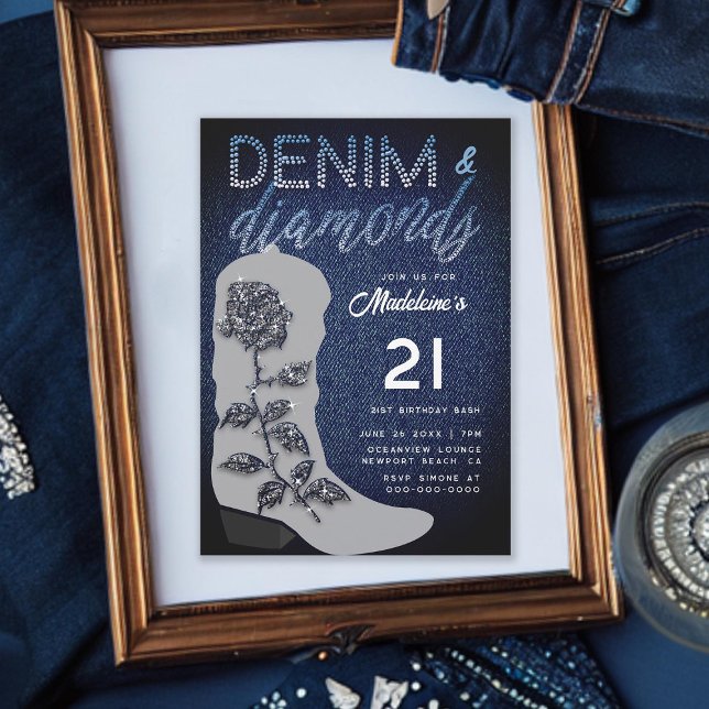 Denim Diamonds Cowgirl Boot Bling 21st Birthday Invitation (denim and diamonds 21st birthday invite for girls cowgirl boot bling rose classy elegant modern chic)