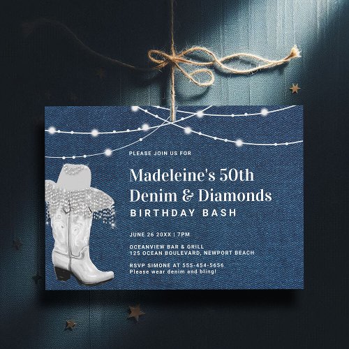 Denim Diamonds Cowgirl Boot Hat Glam 50th Birthday Invitation