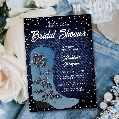 Denim Diamonds Cowgirl Boot  Rose Bridal Shower Invitation