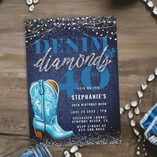 Denim Diamonds Cowgirl Boot Rustic 40th Birthday Invitation