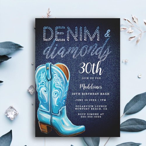 Denim Diamonds Cowgirl Boot Rustic Birthday Party Invitation