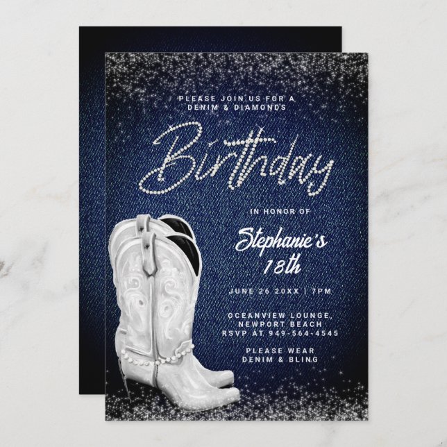 Denim Diamonds Cowgirl Boots Bling 18th Birthday Invitation