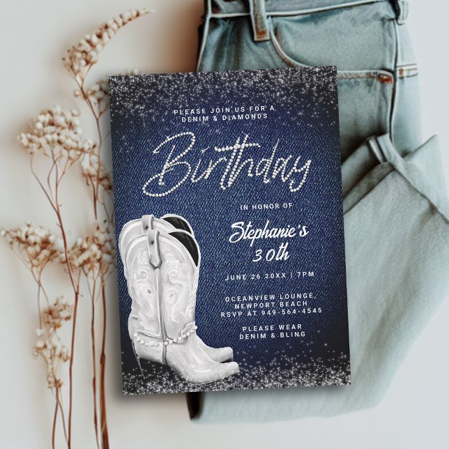 Denim Diamonds Cowgirl Boots Bling 30th Birthday Invitation (denim and diamonds 30th birthday invitation women cowgirl boots country western party elegant classy)