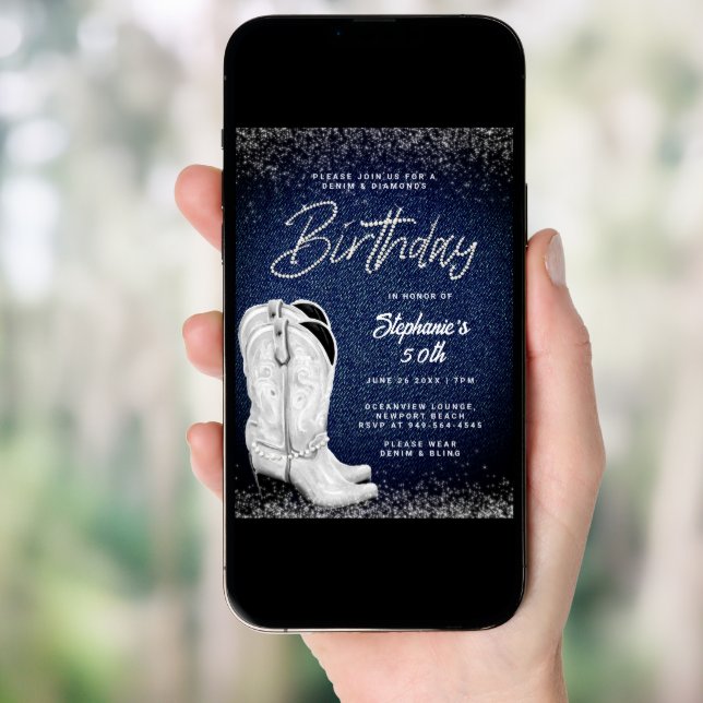 Denim Diamonds Cowgirl Boots Bling 50th Birthday Invitation (Front Digital)