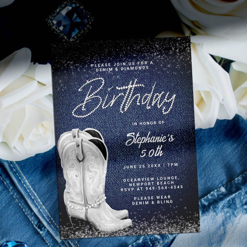 ANY AGE Denim And Diamonds Birthday Party Invitation,