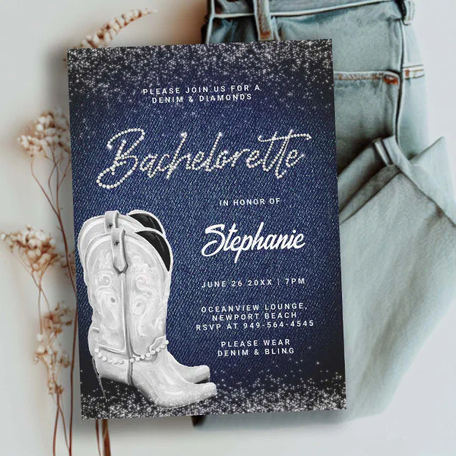 Denim Diamonds Cowgirl Boots Bling Bachelorette Invitation Zazzle
