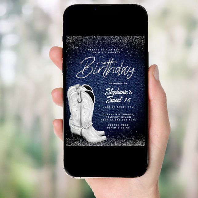 Denim Diamonds Cowgirl Boots Bling Sweet 16 Invitation (Front Digital)