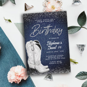 Denim Diamonds Cowgirl Boots Bling Sweet 16 Invitation
