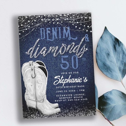 Denim Diamonds Cowgirl Boots Country 50th Birthday Invitation