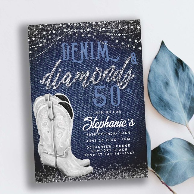 Denim Diamonds Cowgirl Boots Country 50th Birthday Invitation (denim and diamonds 50th birthday party for women elegant classy stylish country party cowgirl boots)