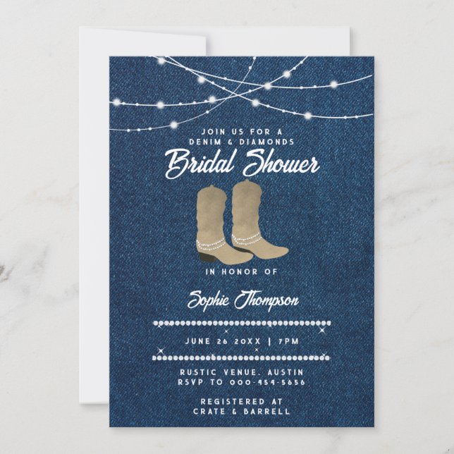 Denim Diamonds Cowgirl Boots Lights Bridal Shower Invitation (Front)