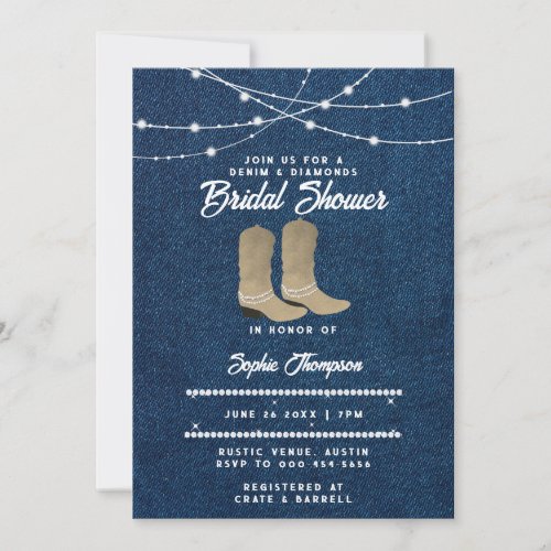 Denim Diamonds Cowgirl Boots Lights Bridal Shower Invitation