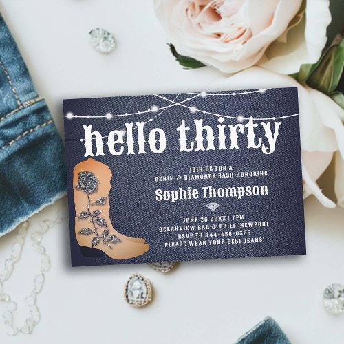 Denim Diamonds Cowgirl Boots Roses 30th Birthday Invitation