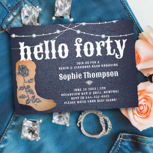 Denim Diamonds Cowgirl Boots Roses 40th Birthday Invitation