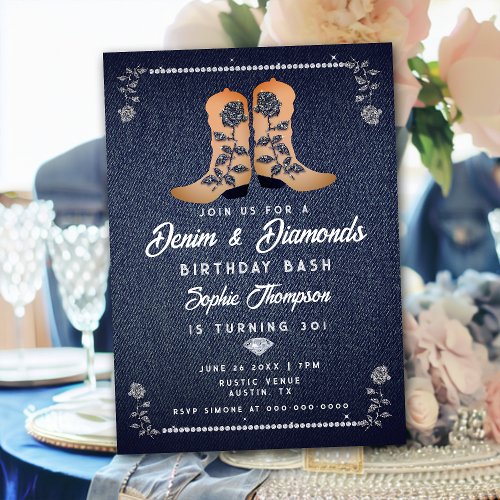 Denim Diamonds Cowgirl Boots Roses Birthday Party Invitation