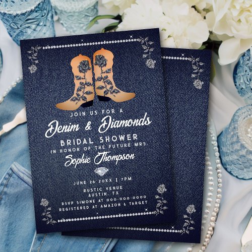 Denim Diamonds Cowgirl Boots Roses Bridal Shower Invitation