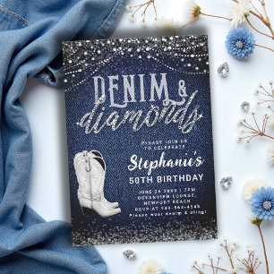Denim Diamonds Cowgirl Boots Rustic 50th Birthday Invitation