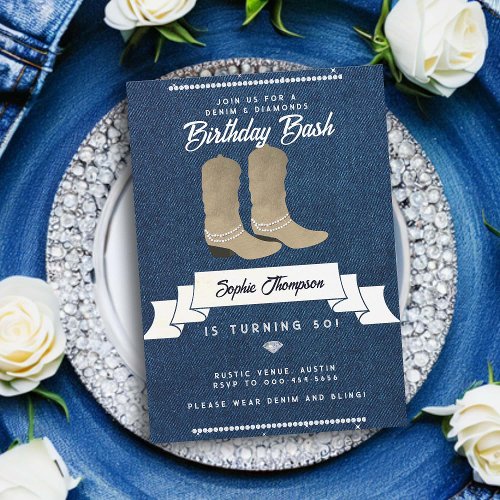 Denim Diamonds Cowgirl Boots Rustic 50th Birthday Invitation