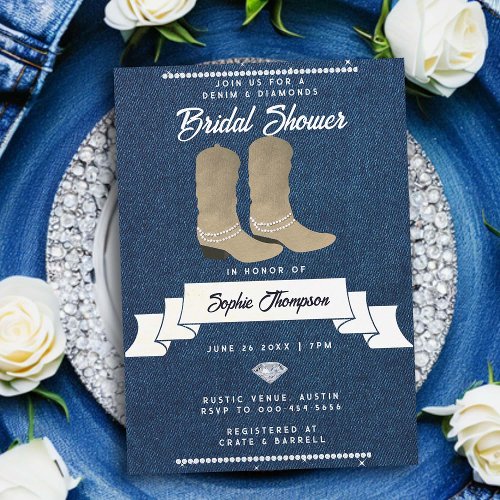 Denim Diamonds Cowgirl Boots Rustic Bridal Shower Invitation