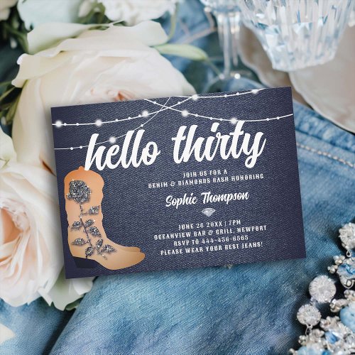 Denim Diamonds Cowgirl Boots Script 30th Birthday Invitation