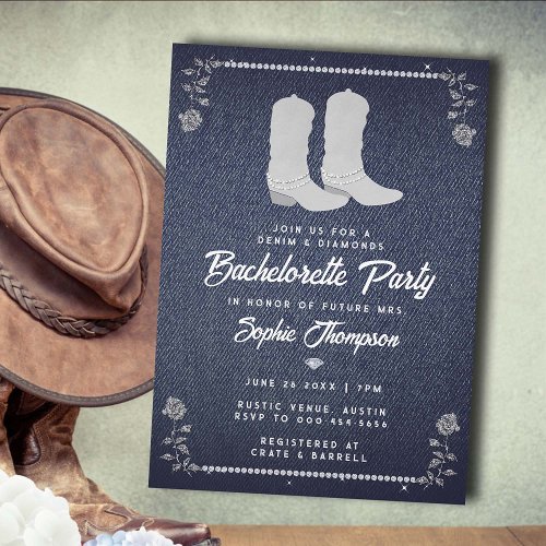 Denim Diamonds Cowgirl Boots Western Bachelorette Invitation