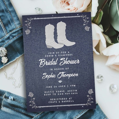 Denim Diamonds Cowgirl Boots Western Bridal Shower Invitation