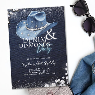 Denim Diamonds Cowgirl Hat 30th Birthday Party Invitation