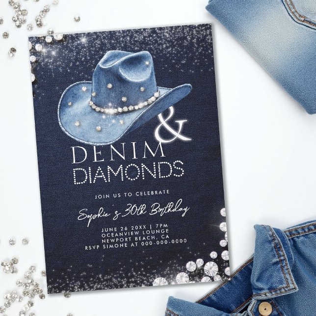 Denim Diamonds Cowgirl Hat Bling 30th Birthday Invitation (denim and diamonds 30th birthday party invitation blue white cowgirl hat bling sparkles)