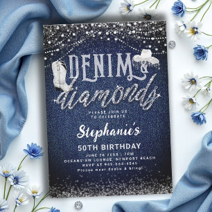 Denim Diamonds Cowgirl Rustic Chic 50th Birthday Invitation