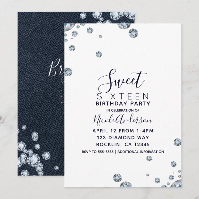 Denim & Diamonds Denim Birthday Sweet 16 Party Invitation (Front/Back)