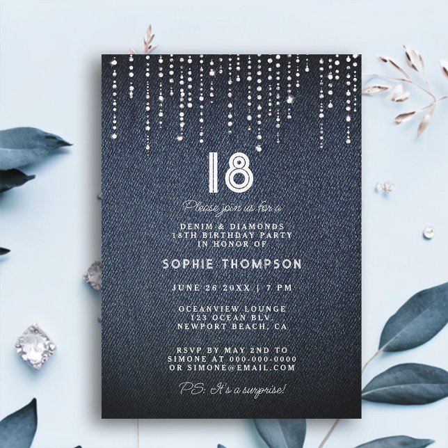 Denim Diamonds Drippings 18th Birthday Party Invitation (denim diamonds drippings glam 18th birthday party invitation for women modern classy simple luxury)