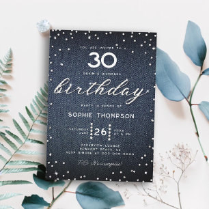 Denim Diamonds Elegant Bling 30th Birthday Party Invitation