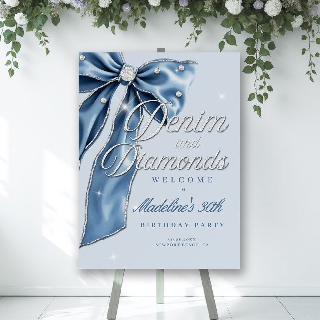 Denim Diamonds Elegant Bling Bow Party Welcome Foam Board (denim and diamonds party welcome sign script birthday for women white elegant classy blue bow)