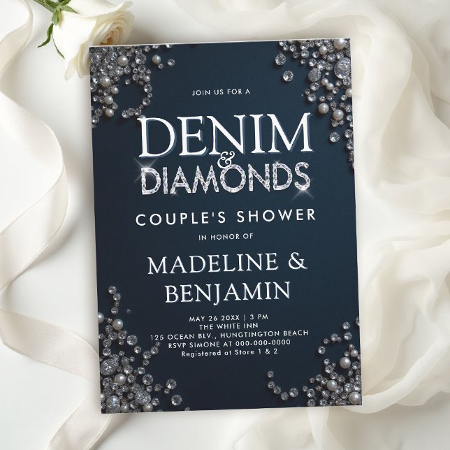 Denim Diamonds Elegant Blue Rustic Couple Shower Invitation (denim and diamonds wedding shower invitations template couple bridal western country rustic)