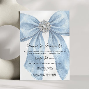 Denim Diamonds Elegant Blue Watercolor Bow Invitation