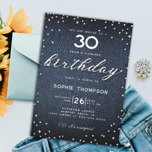 Denim Diamonds Elegant Classy 30th Birthday Party Invitation