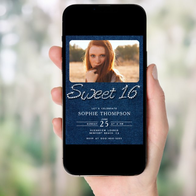 Denim Diamonds Elegant Modern Blue Sweet 16 Photo Invitation (Front Digital)