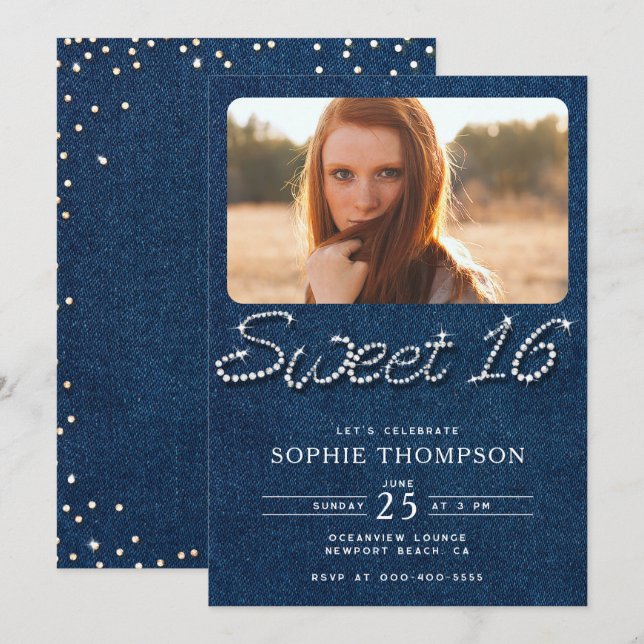 Denim Diamonds Elegant Modern Blue Sweet 16 Photo Invitation (Front/Back)