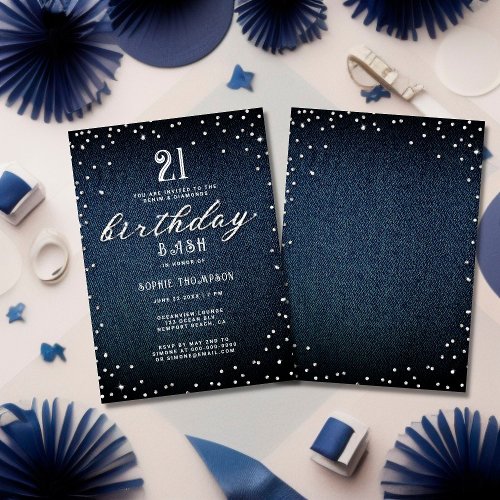 Denim Diamonds Elegant Rustic 21st Birthday Party Invitation