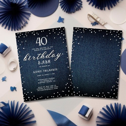 Denim Diamonds Elegant Rustic 40th Birthday Party Invitation