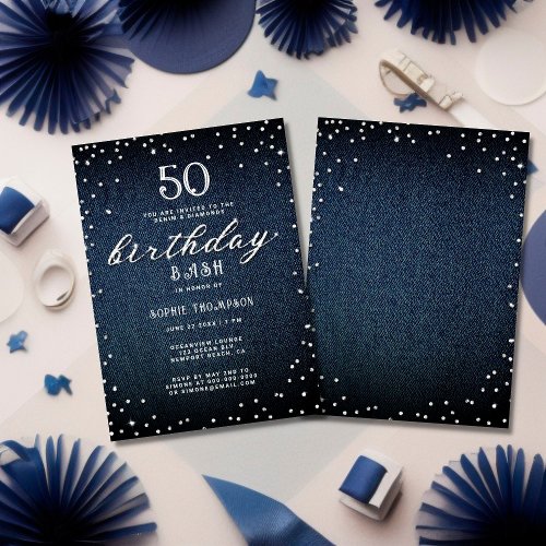 Denim Diamonds Elegant Rustic 50th Birthday Party Invitation