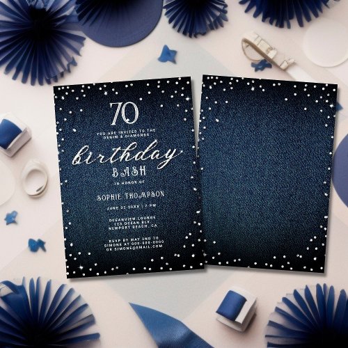 Denim Diamonds Elegant Rustic 70th Birthday Party Invitation